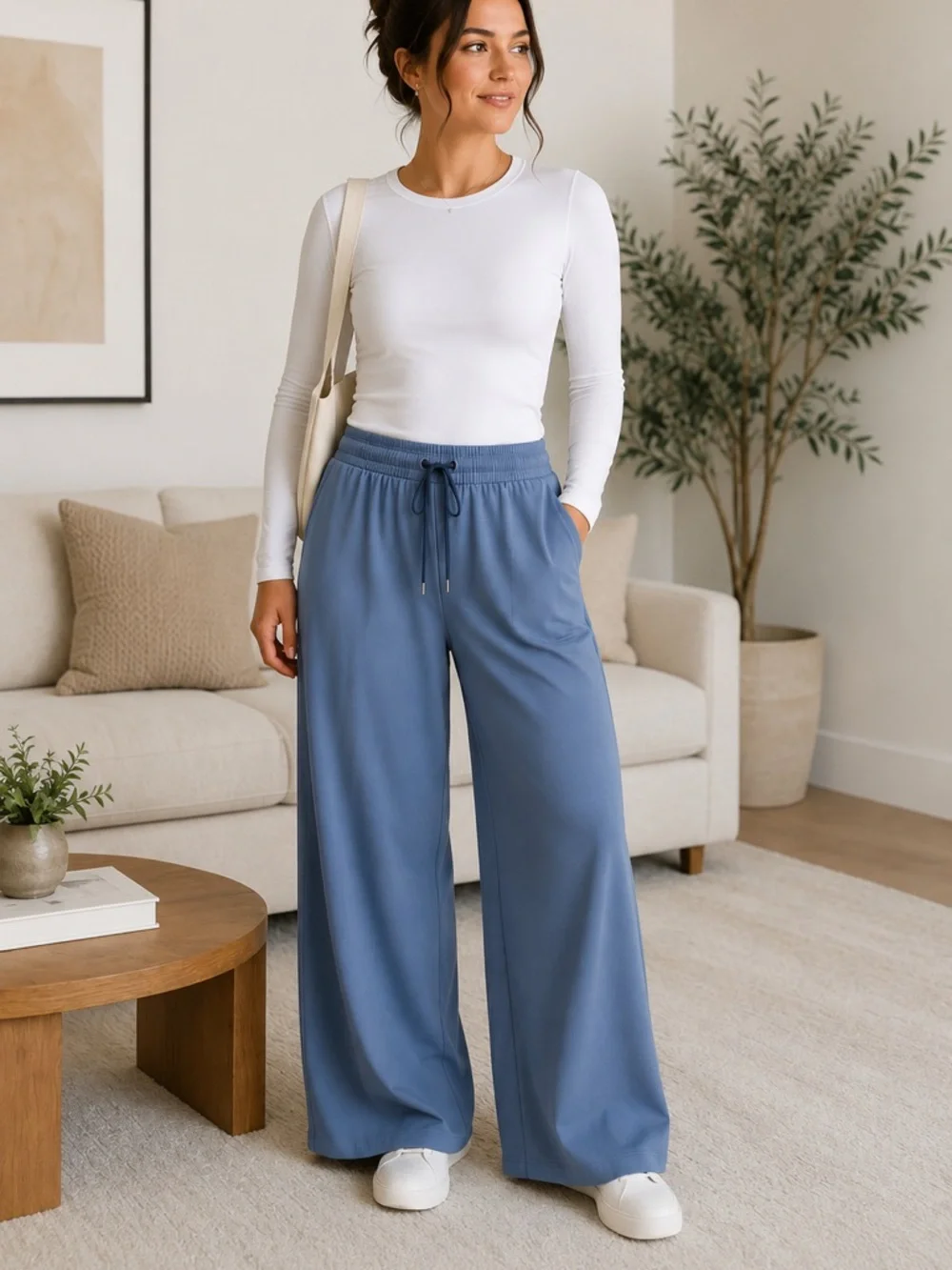 Lululemon Wide Leg Pants Womens S Blue Luxtreme Drawstring Pull On Pockets
